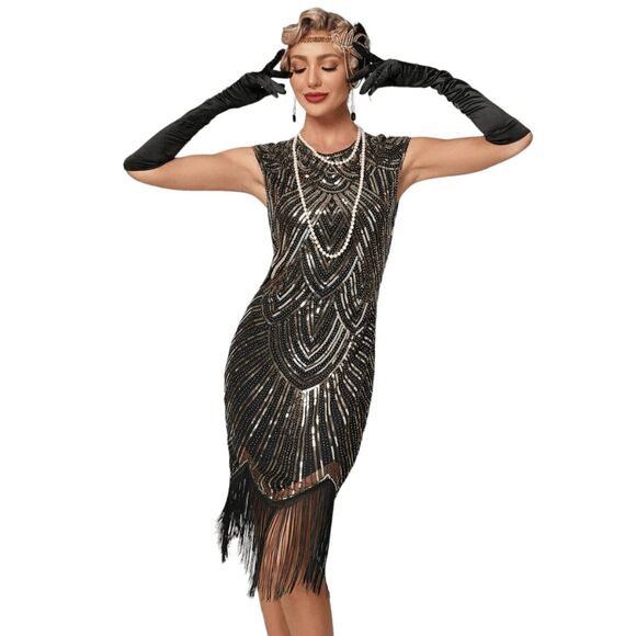 ✨ Flapper Great Gatsby 1920s Retro Tassel Fringe Gold Sequin Dress SIZE XL NEW - Picture 1 of 15